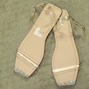 NEW Qupid Women's 9 Clear Ankle Wrap Straps Square Rhinestone Toe Flat Sandals